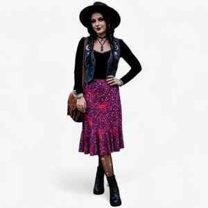 Boho Whimsigoth Purple Paisley Ruffle Hem Midi Skirt SZ M